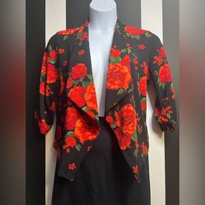 Floral Black and Red Draped Blazer; Sz Large